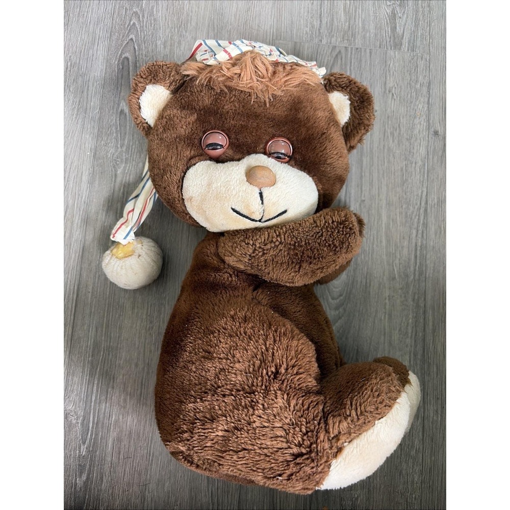 Fisher-Price 80s VTG Sleepy Time Stuffed Teddy Bear Brown Plush Stripe Nightcap